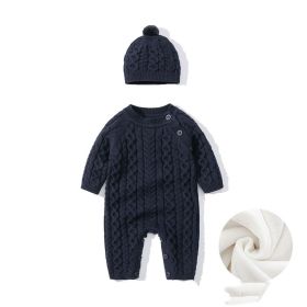 Autumn And Winter Knitted Onesie Hemp Hemp Ha Yi (Option: Navy Blue Add wool-73cm)