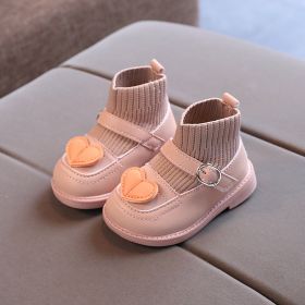 Love Heart Baby Girl Shoes Casual Knitted Infant Walkers Winter Soft Bottom Ankle Boots Plush Warm Snow Boots Kids Sock Shoes (Color: Pink, size: 25(Insole 15.5cm))