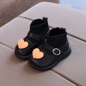 Love Heart Baby Girl Shoes Casual Knitted Infant Walkers Winter Soft Bottom Ankle Boots Plush Warm Snow Boots Kids Sock Shoes (Color: Black, size: 17(Insole 13cm))