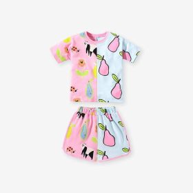 Baby Girl Fruit Pattern Colorblock Design Summer Clothing Sets (Color: Pink, Size/Age: 130 (7-8Y))