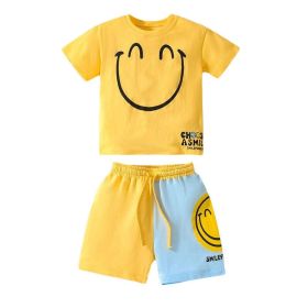 Baby Boy Smile Print Pattern Color Matching Design Clothing Sets (Color: Yellow, Size/Age: 120 (5-7Y))