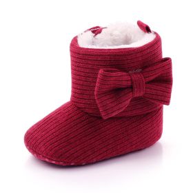 Winter Velvet Bow Boots Baby Shoes Boots Baby Cotton Boots Baby Shoes Snow Boots (Option: Dark Red-13cm)